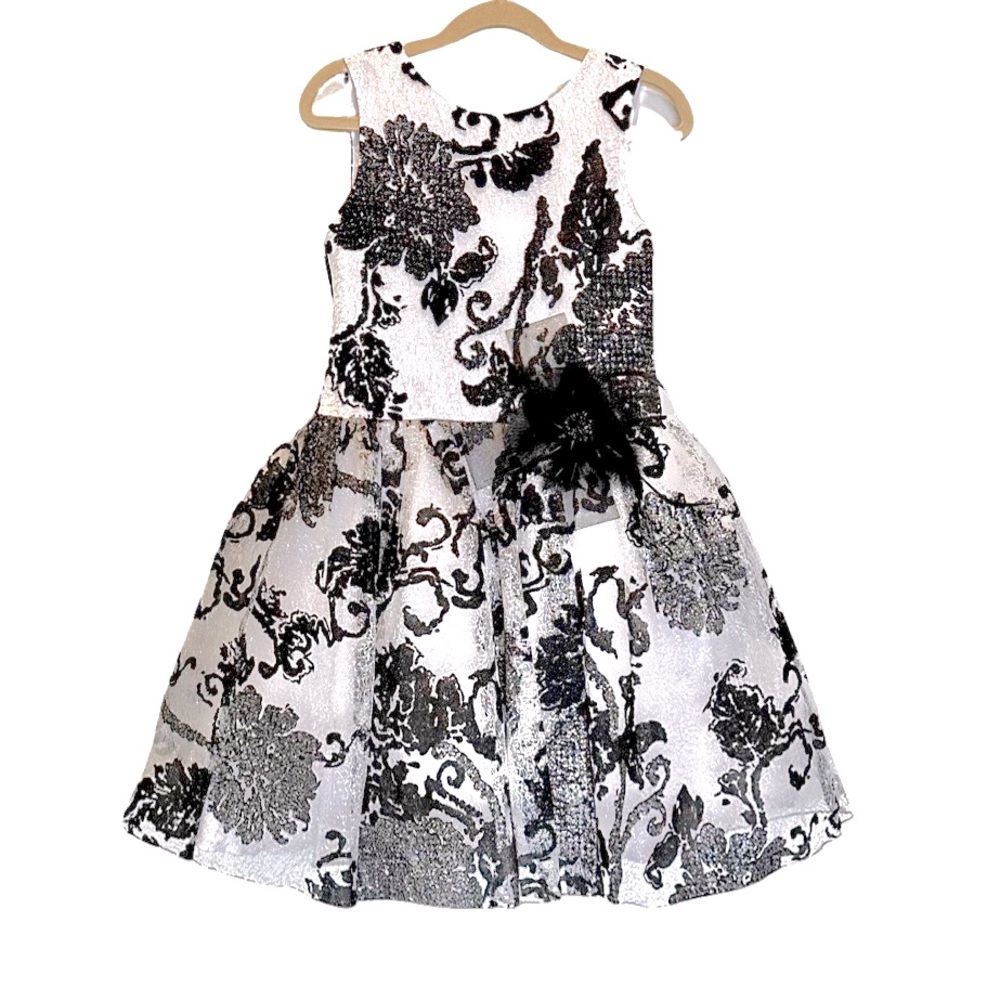 ZOË LTD White & Black Sparkle Tulle Dress, Black Feather Accent, Size 10